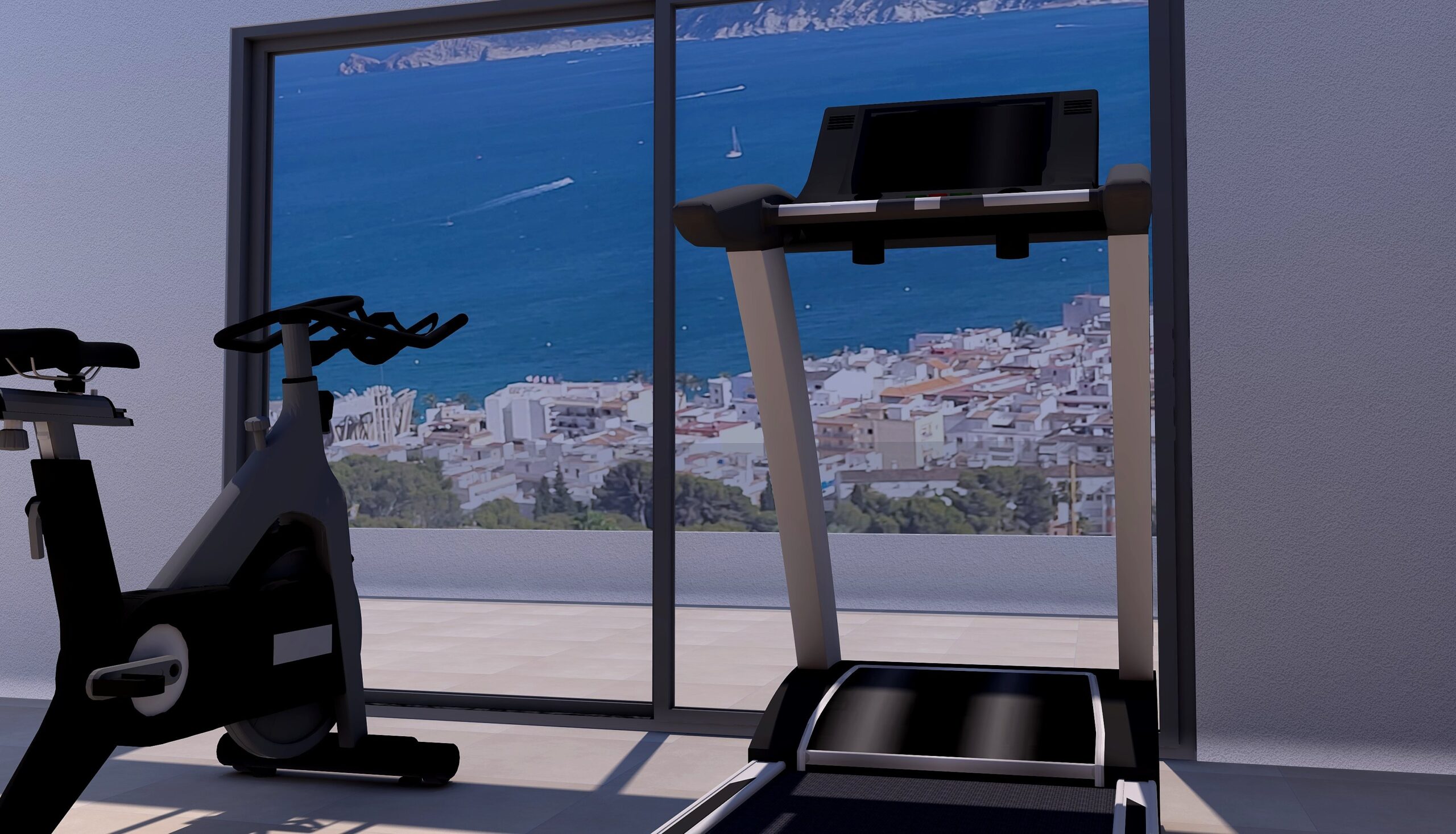 Private home gym featuring a treadmill and stationary bike, positioned before floor-to-ceiling windows with panoramic views of Jávea port and the sea.