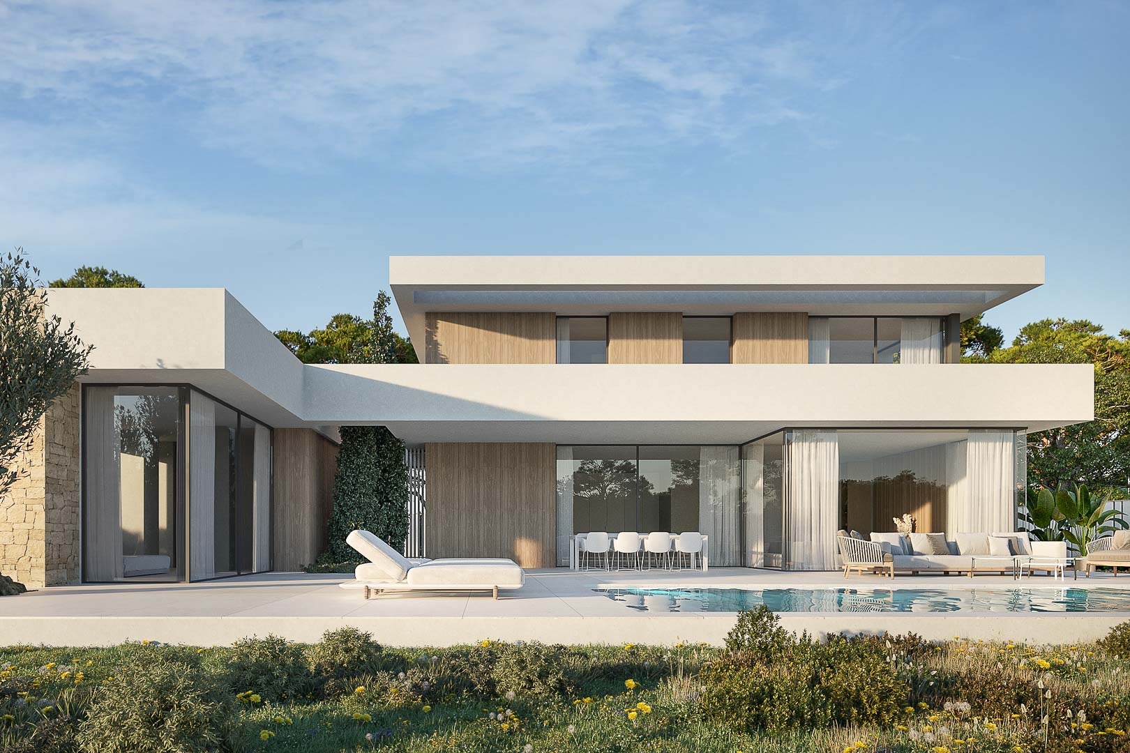 Modern exterior facade featuring wood paneling and large glass doors connecting the pool area and outdoor lounge to the natural surroundings.