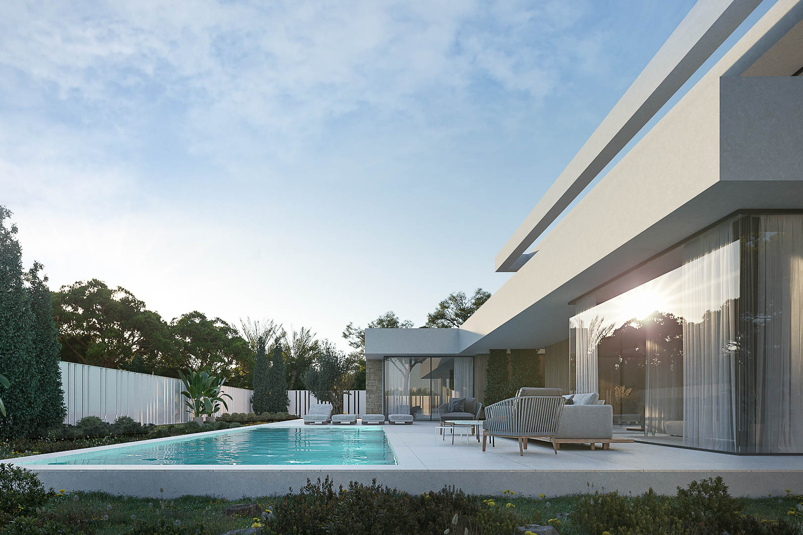 Modern exterior featuring a rectangular pool, porcelain tile terrace, and designer lounge furniture set against a minimalist white facade.