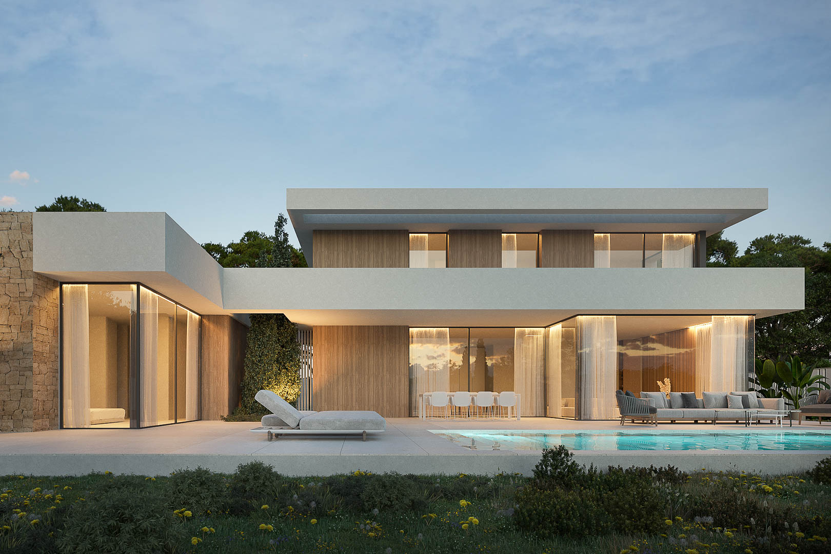 Modern exterior featuring an integrated swimming pool, large glass walls, and a combination of wood and natural stone finishes under warm twilight lighting.