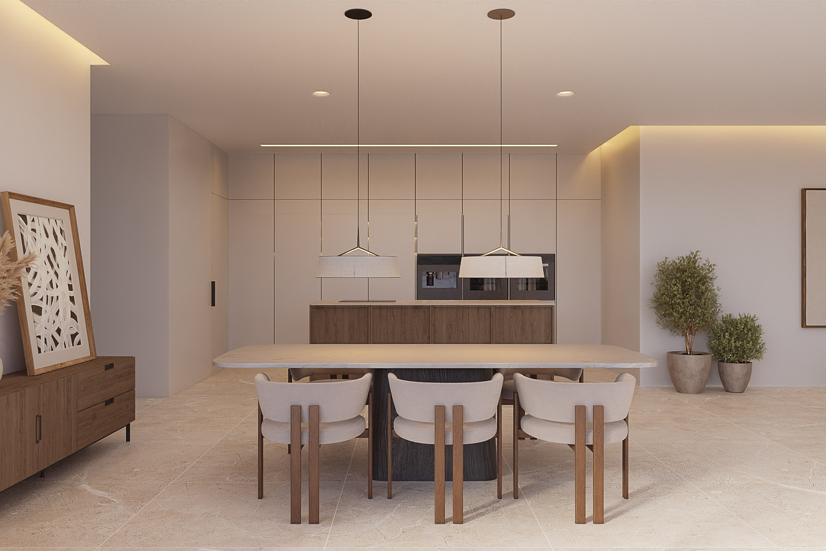 Open-concept dining area featuring a stone-top table, designer chairs, and a minimalist kitchen with integrated appliances and natural stone flooring.