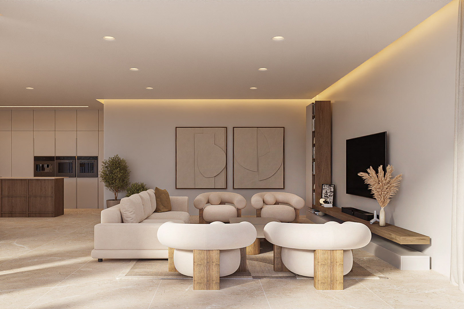 Open-concept living area featuring curved designer armchairs, natural stone flooring, and recessed LED lighting integrated with a minimalist kitchen.