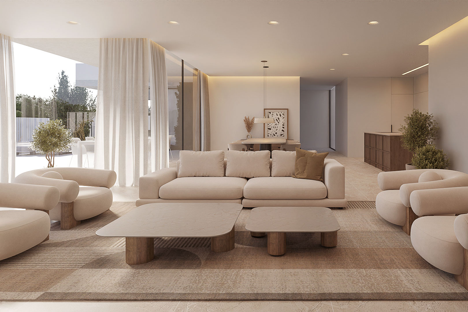 Open-plan living area featuring curved designer seating, stone-top coffee tables, and floor-to-ceiling windows with sheer curtains.