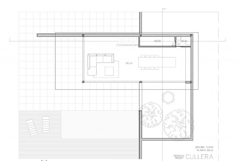 Detailed ground floor architectural plan showcasing the open-plan living area, integrated kitchen, interior garden patio, and outdoor terrace with pool.