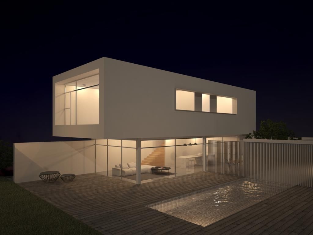 Night exterior of the villa featuring a minimalist white facade, floor-to-ceiling glass walls, and a spacious wooden deck with an integrated swimming pool.