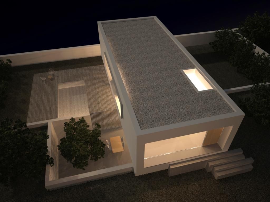 Night-time aerial view highlighting the minimalist architecture, private pool, and internal courtyard with integrated greenery and outdoor dining space.