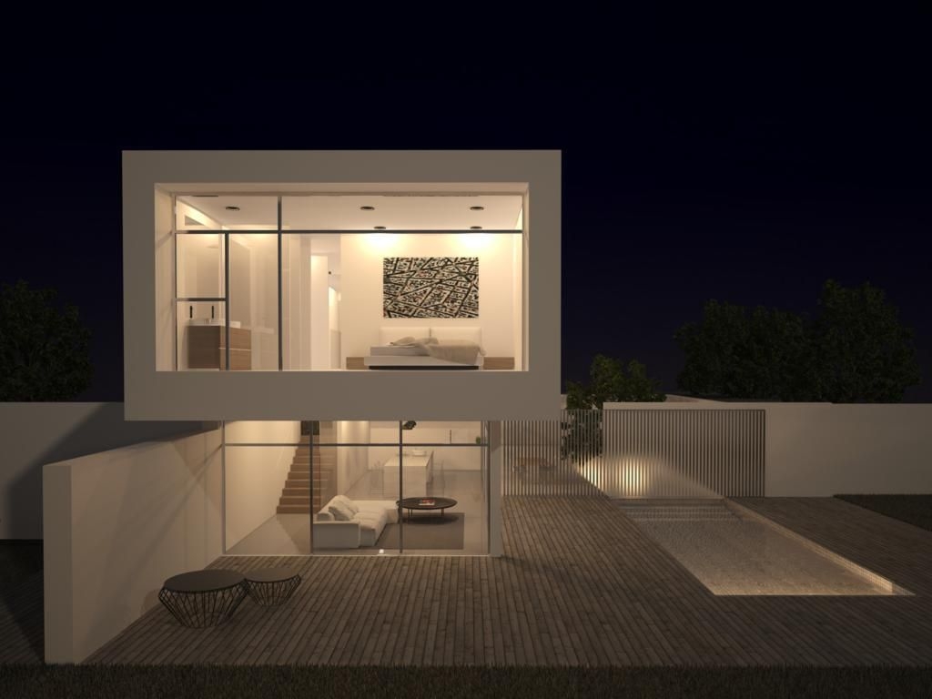 Night view of the minimalist facade featuring the upper master suite and ground-floor living area integrated with a wooden deck and private pool.