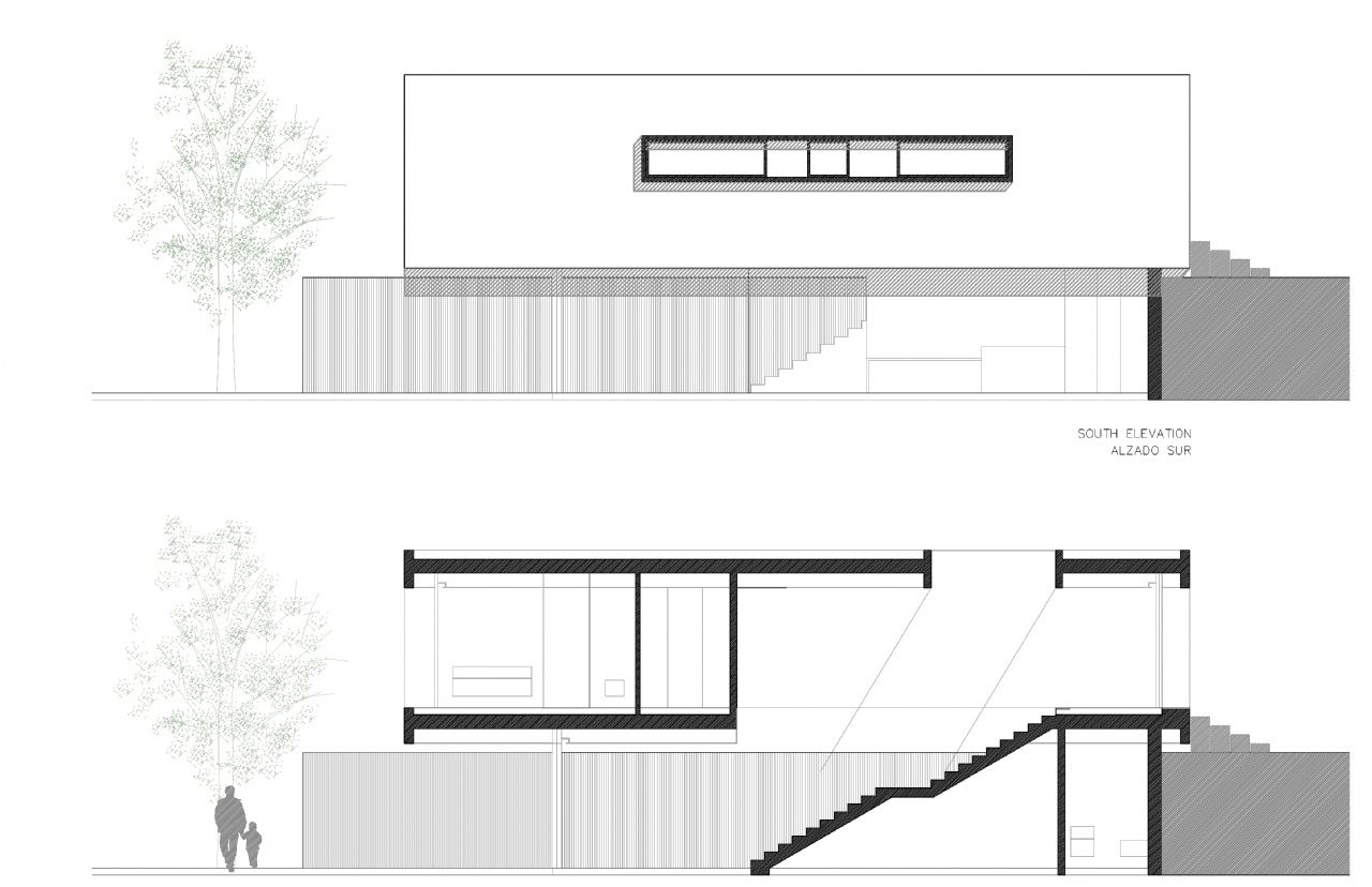 Technical architectural drawing showing the south elevation and a cross-section of the villa, highlighting its minimalist facade and interior stair layout.