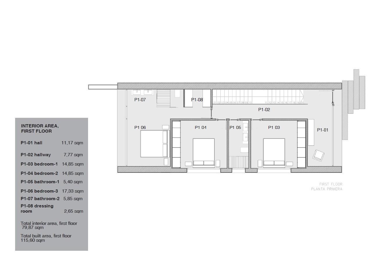 Technical floor plan of the first floor detailing the layout of three bedrooms, two bathrooms, and a dressing room, totaling 115.60 sqm of built area.
