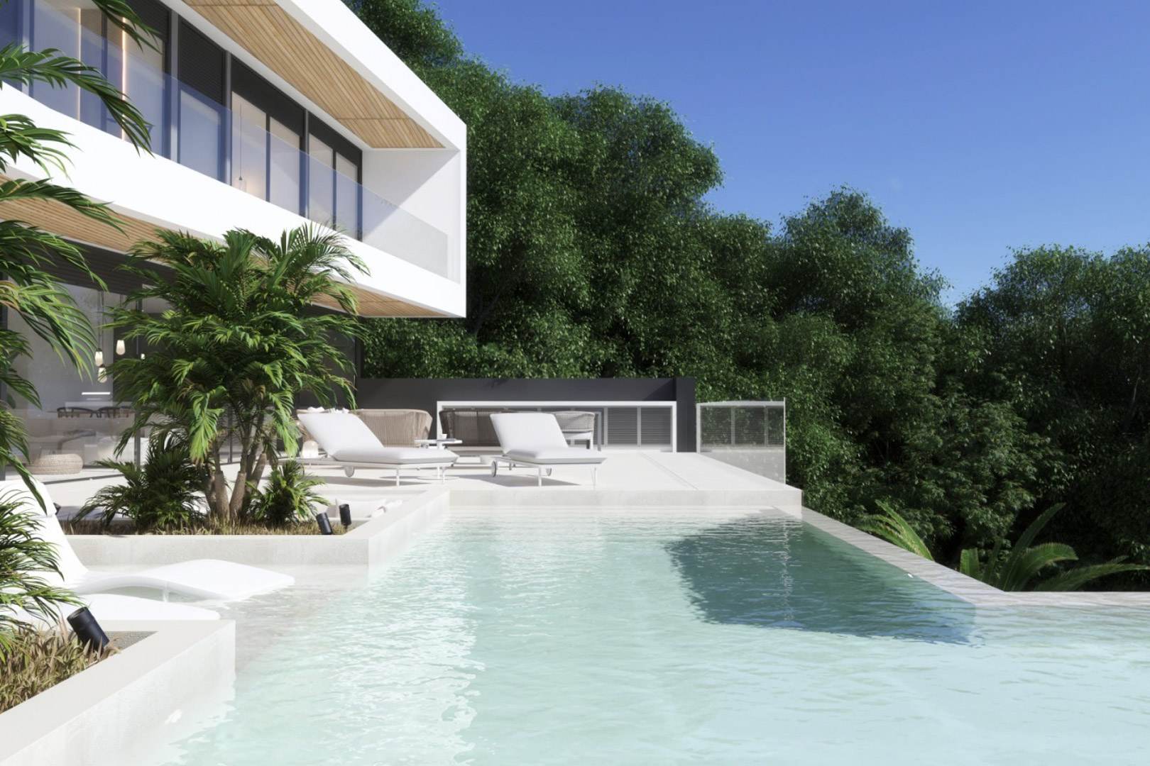 Infinity pool and white stone terrace featuring sun loungers, glass railings, and natural wood accents under the villa's cantilevered ceilings.