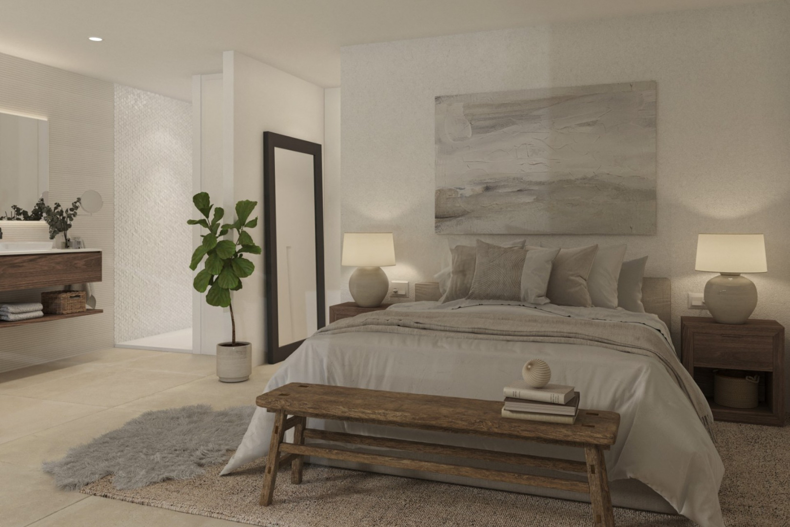 Master bedroom featuring an integrated bathroom, natural wood furnishings, a textured walk-in shower, and a neutral color palette with recessed lighting.