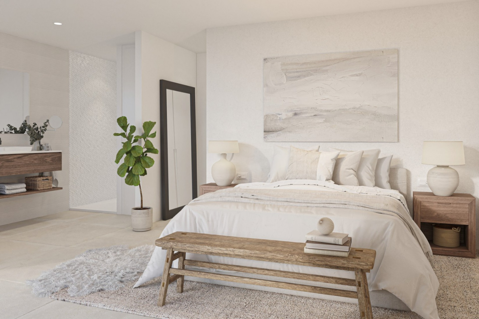Master bedroom featuring an integrated en-suite bathroom, natural wood furnishings, neutral textiles, and a floating vanity with textured wall tiling.