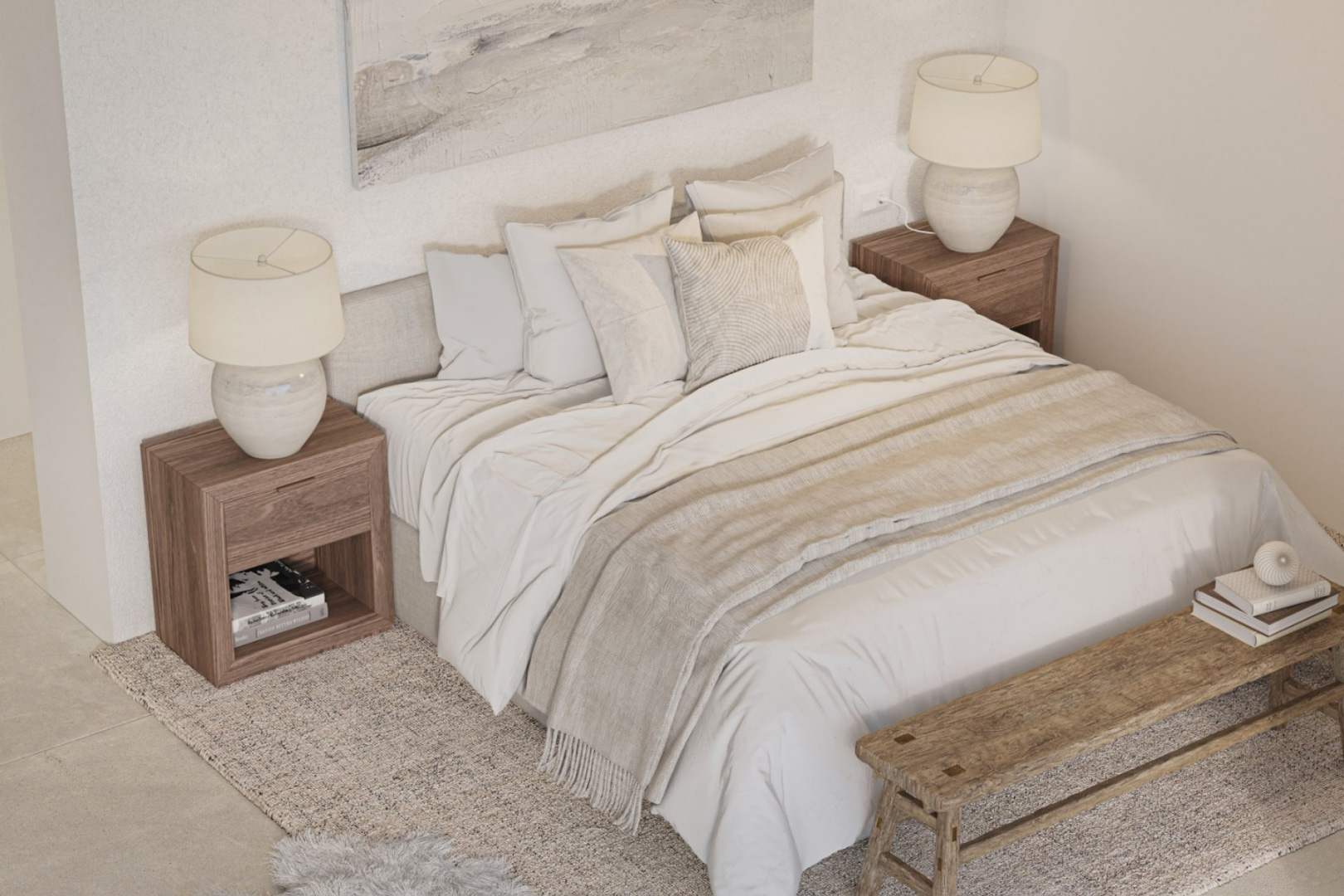 Modern design bedroom featuring a double bed, natural wood nightstands, and ceramic lamps. Includes a rustic wooden bench at the foot and a neutral color palette.