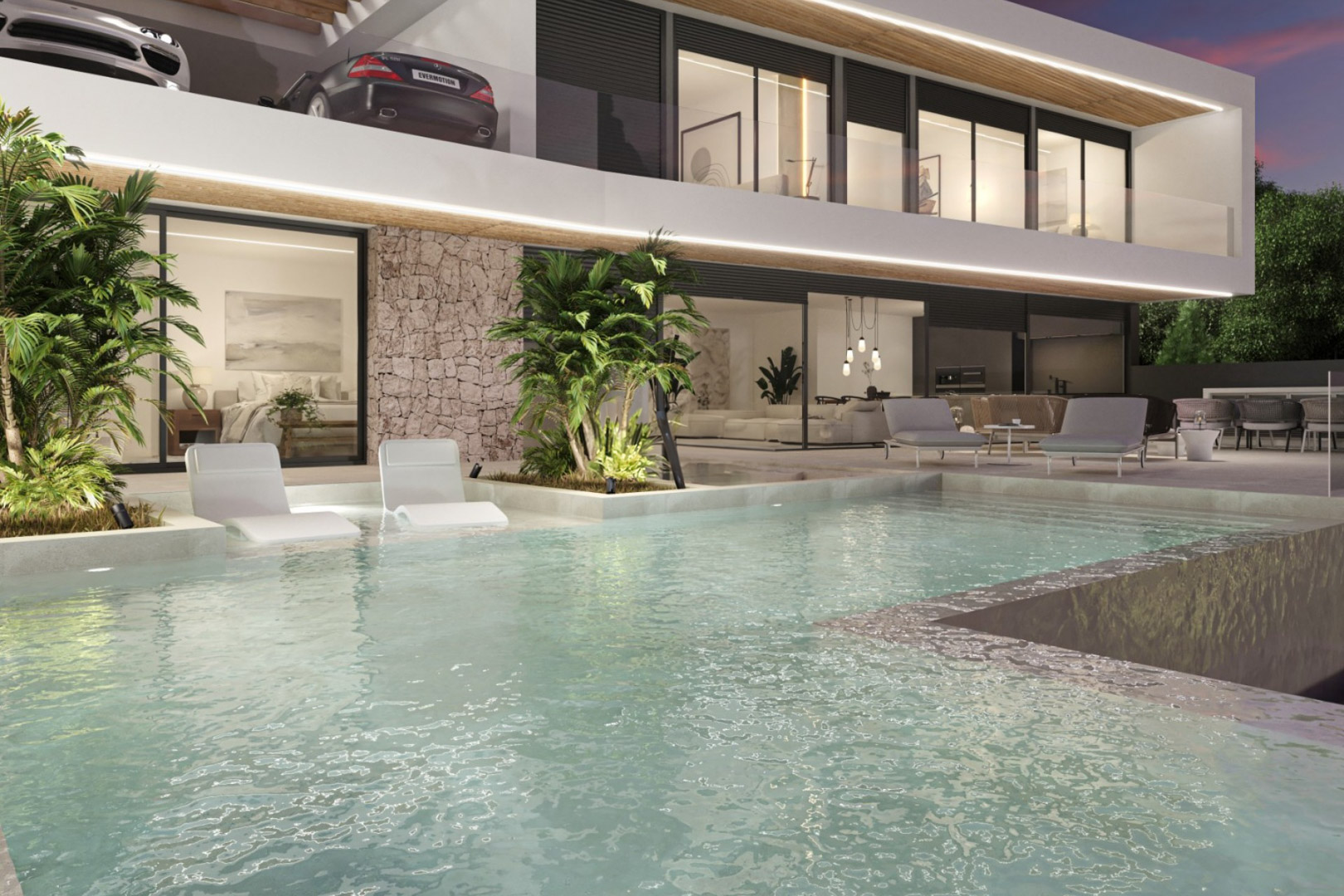 Modern facade featuring an infinity pool with submerged loungers and natural stone walls. Integrated LED lighting accents the spacious terraces and seamless glass interiors.