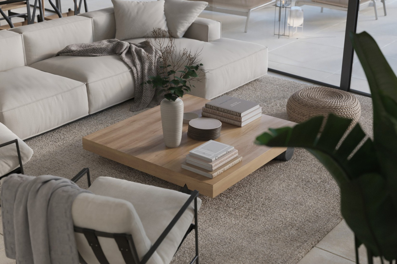 Modern living space featuring a neutral modular sofa, a square oak coffee table, and large glass sliding doors that seamlessly connect to the terrace.