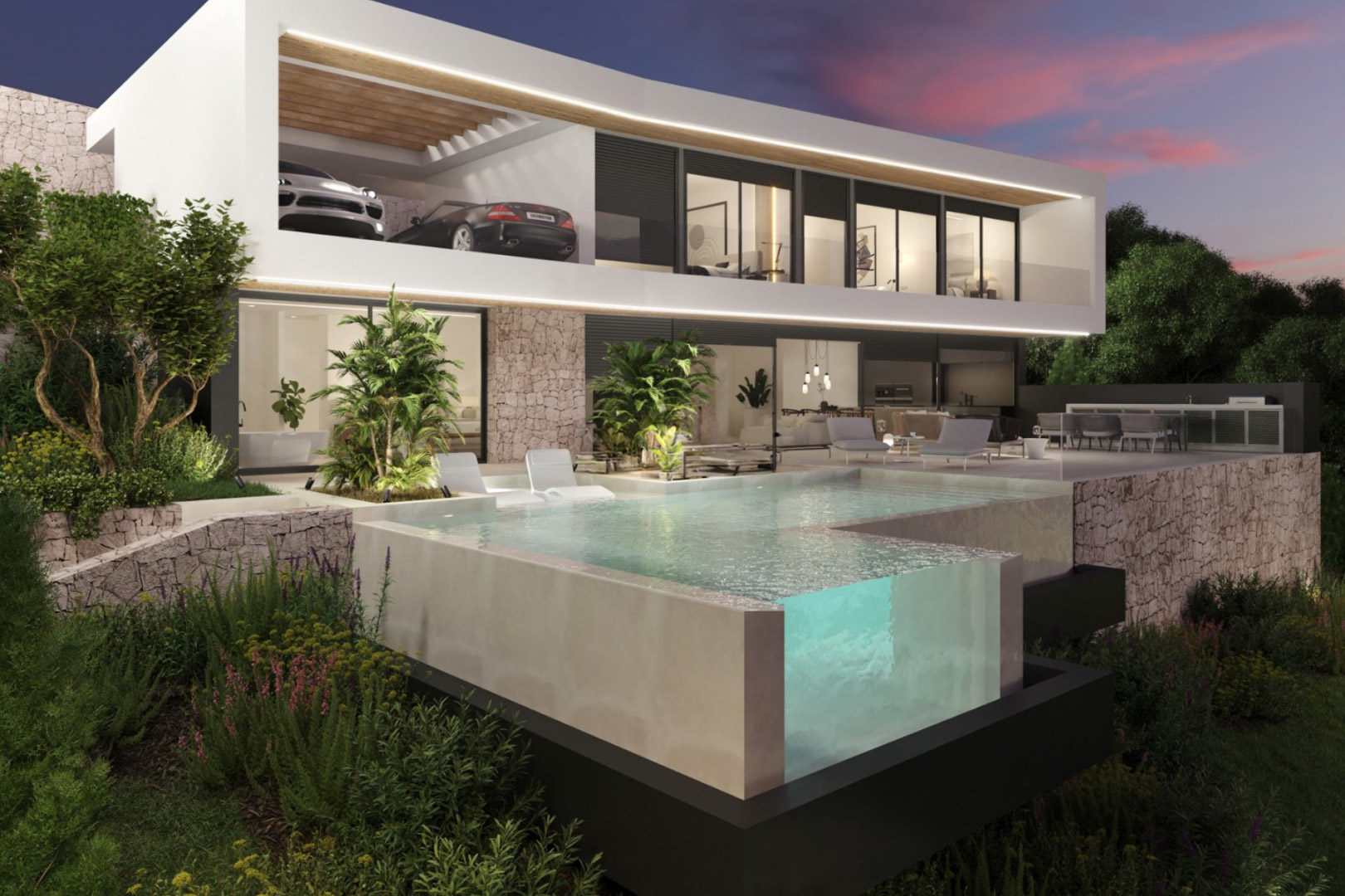 Modern two-level villa featuring an infinity pool with a glass corner, natural stone walls, and integrated LED lighting under a sunset sky.