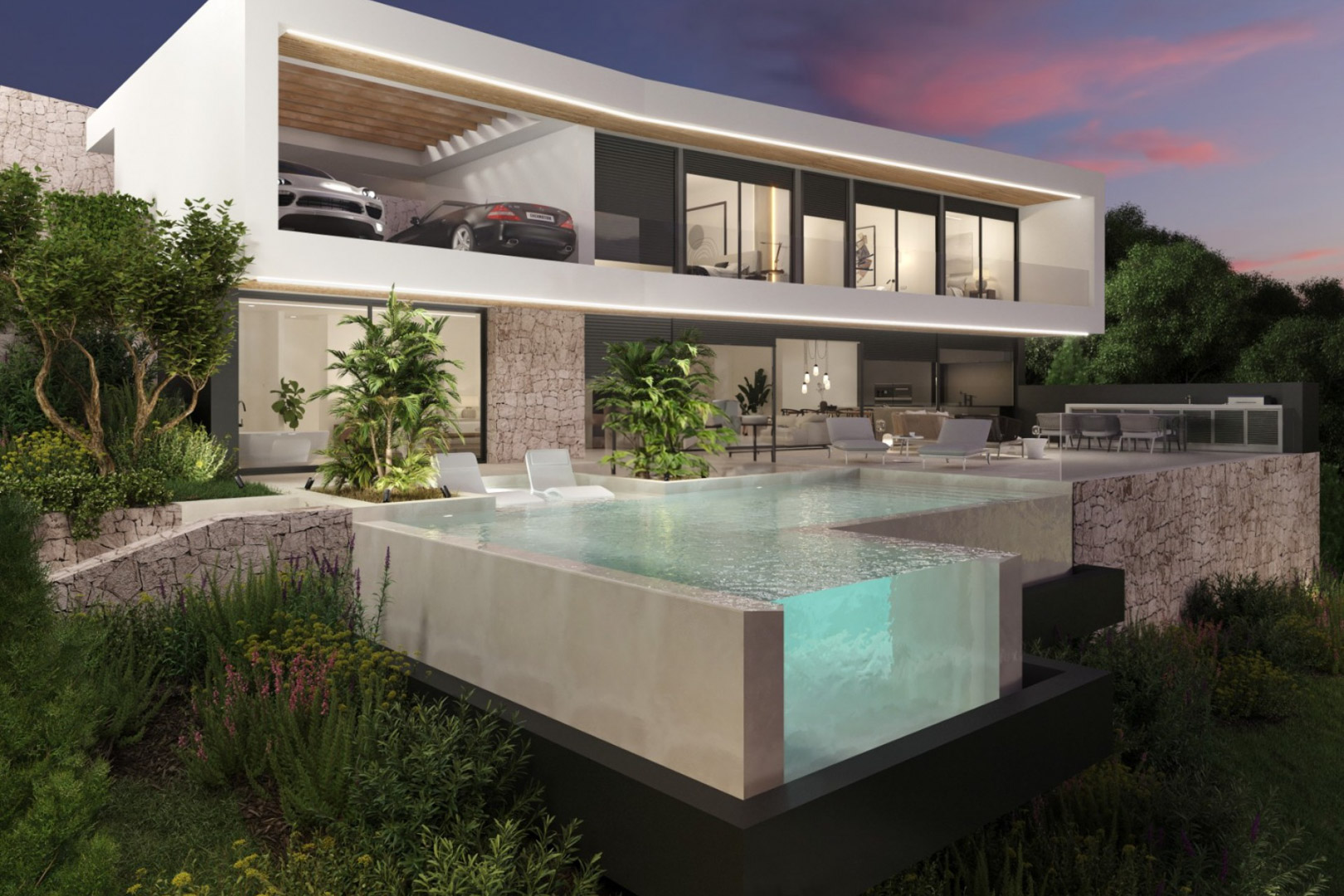 Modern two-story villa featuring an infinity pool with a glass corner, natural stone walls, and integrated LED lighting. Includes an elevated carport and terraces.