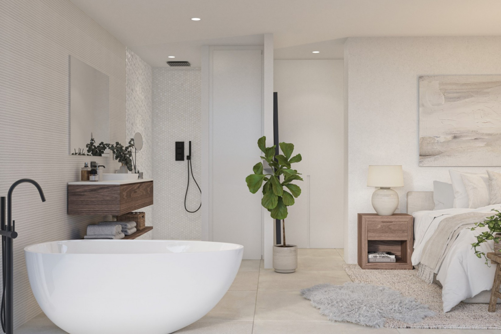 Open-concept master suite featuring a freestanding bathtub, matte black fixtures, and a floating wooden vanity against textured ceramic wall tiles.