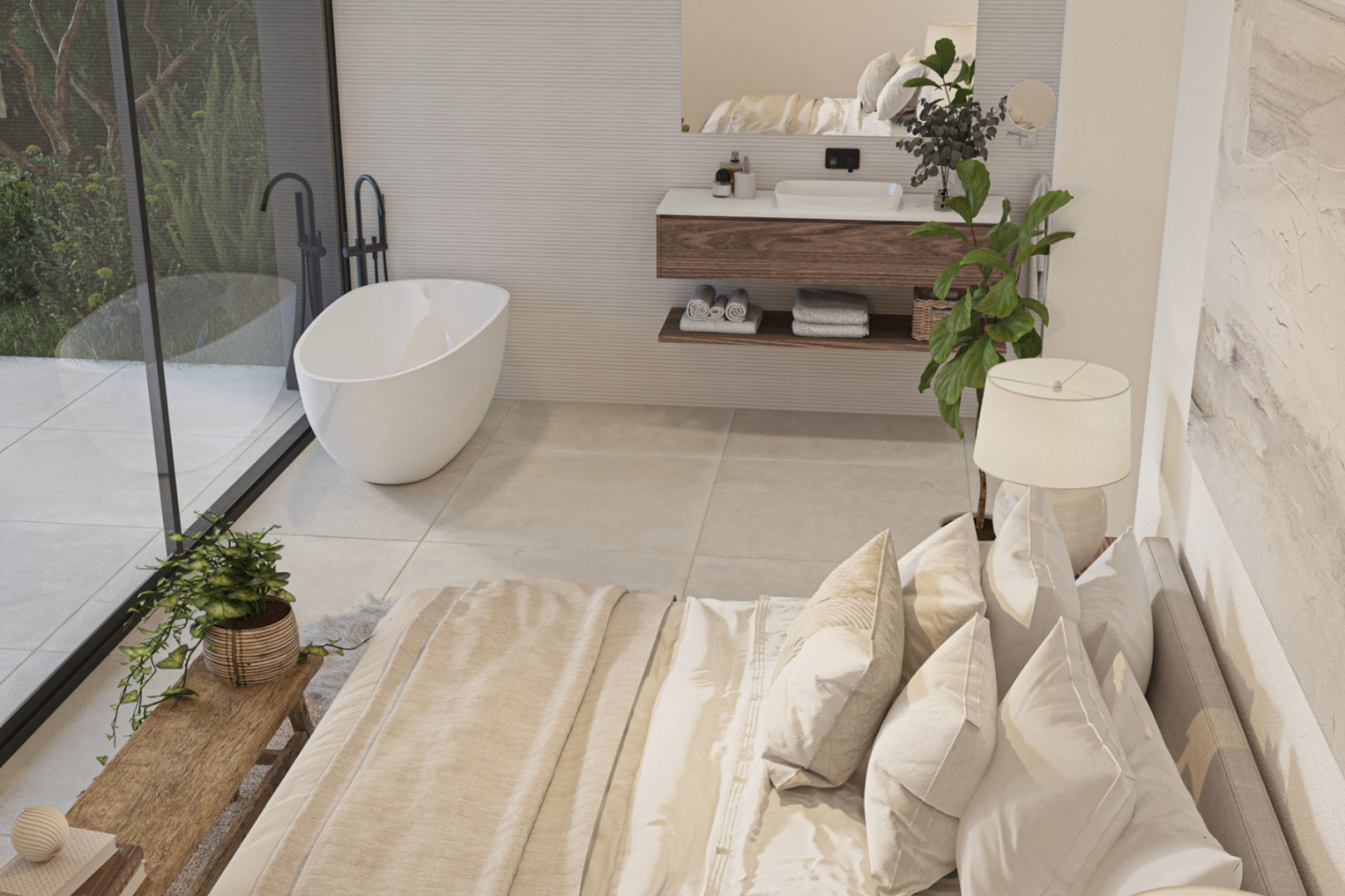 Open-concept master suite featuring a freestanding oval bathtub by floor-to-ceiling windows, a wooden vanity with black fixtures, and neutral-toned decor.