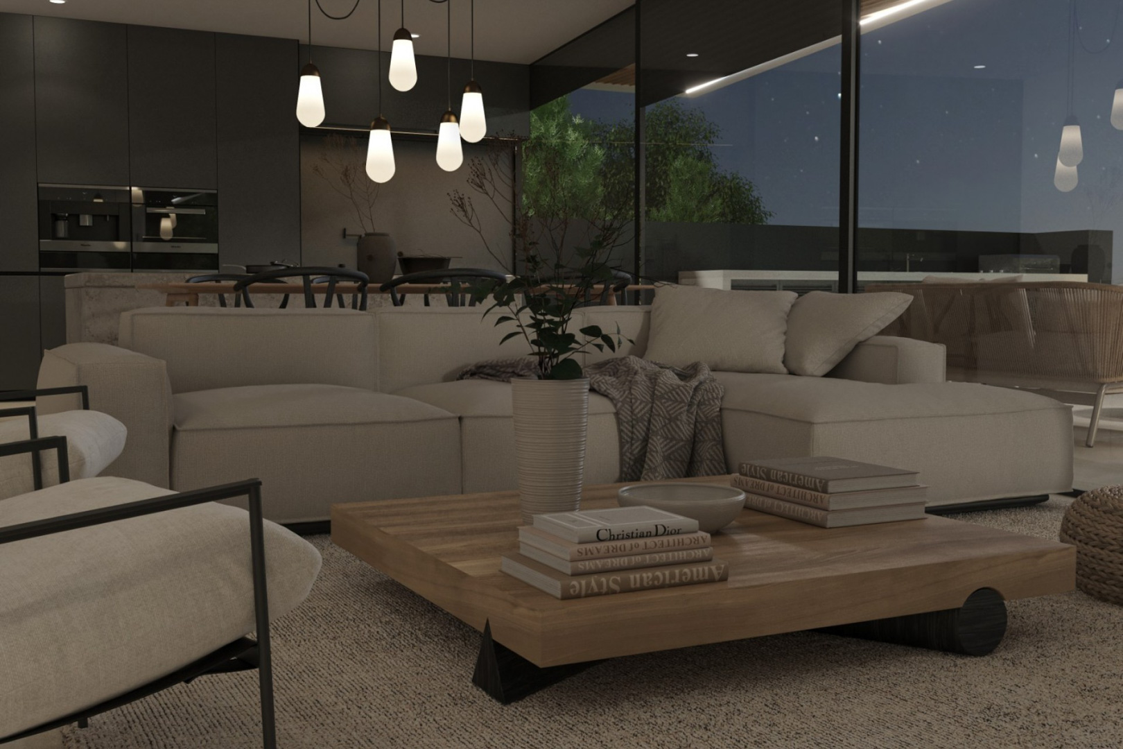 Open-plan living area featuring a neutral sectional sofa, a low-profile wooden coffee table, and large glass walls overlooking the terrace at night.