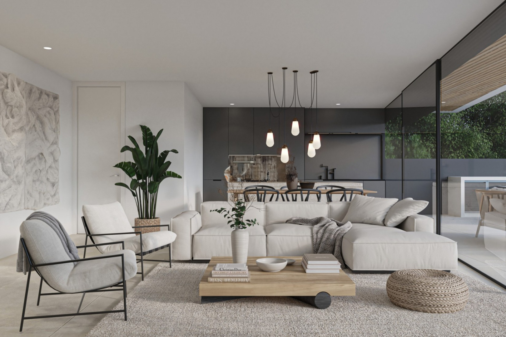 Open-plan living area featuring neutral-toned furniture, a modern dark kitchen in the background, and floor-to-ceiling glass doors opening to the terrace.