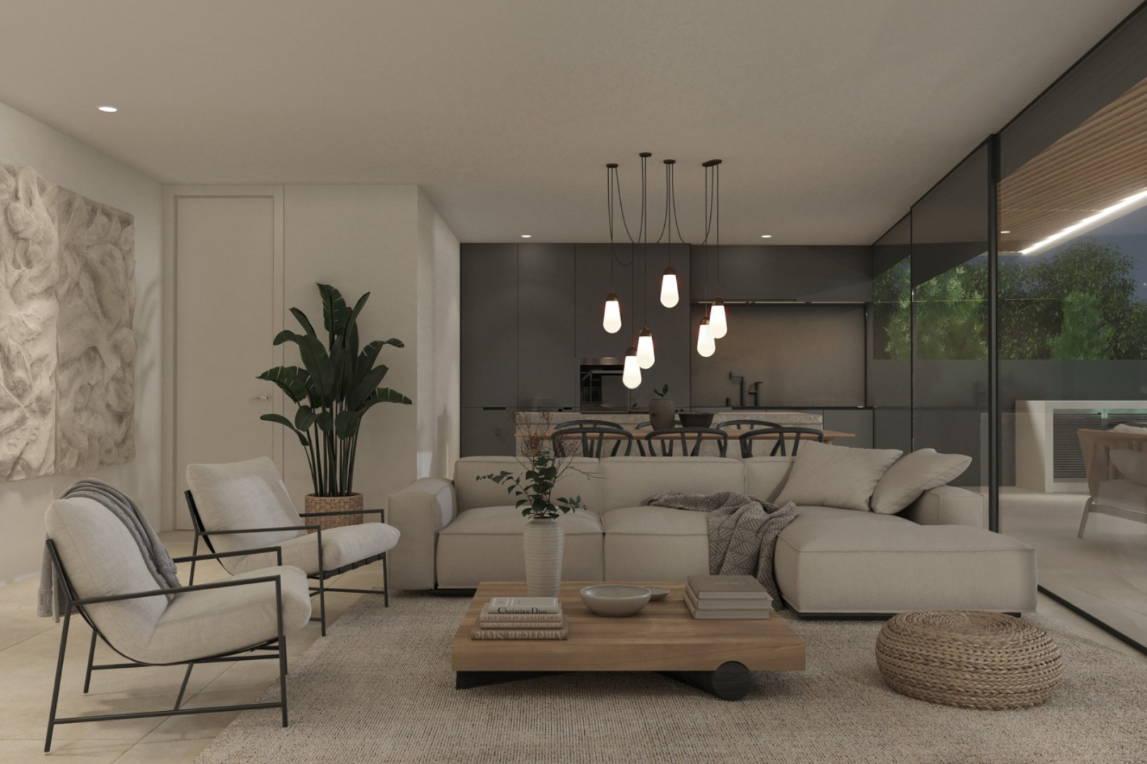 Open-plan living area featuring neutral-toned furniture, designer pendant lighting, and an integrated kitchen with dark cabinetry. Floor-to-ceiling glass doors lead to the terrace.