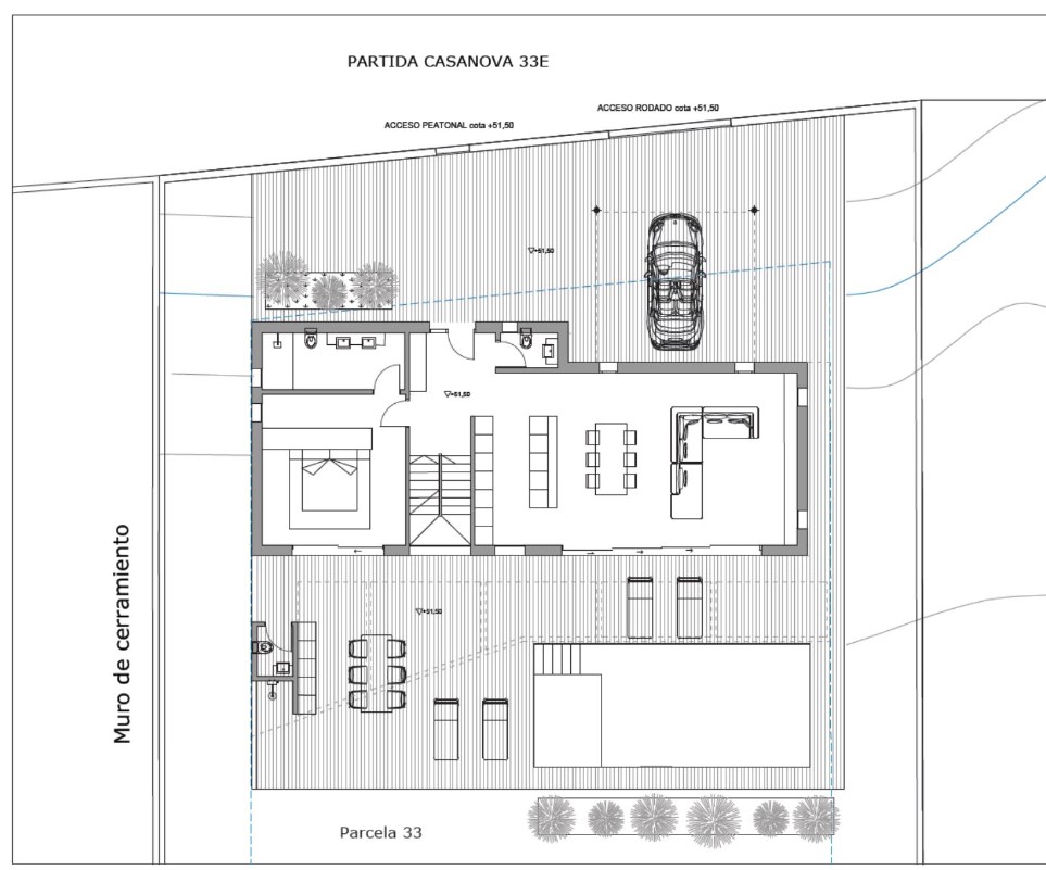 Detailed ground floor plan showing the open-plan living area, en-suite bedroom, and extensive terrace with a private pool, outdoor kitchen, and parking.