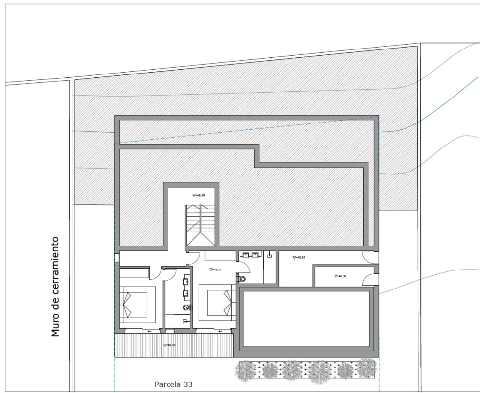 Detailed technical floor plan illustrating the layout of two en-suite bedrooms, a central staircase, and an expansive shaded terrace area on Plot 33.
