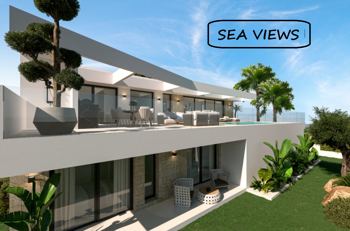 Modern two-story villa featuring natural stone accents, glass-railed terraces, an infinity pool, and a manicured garden with tropical vegetation.