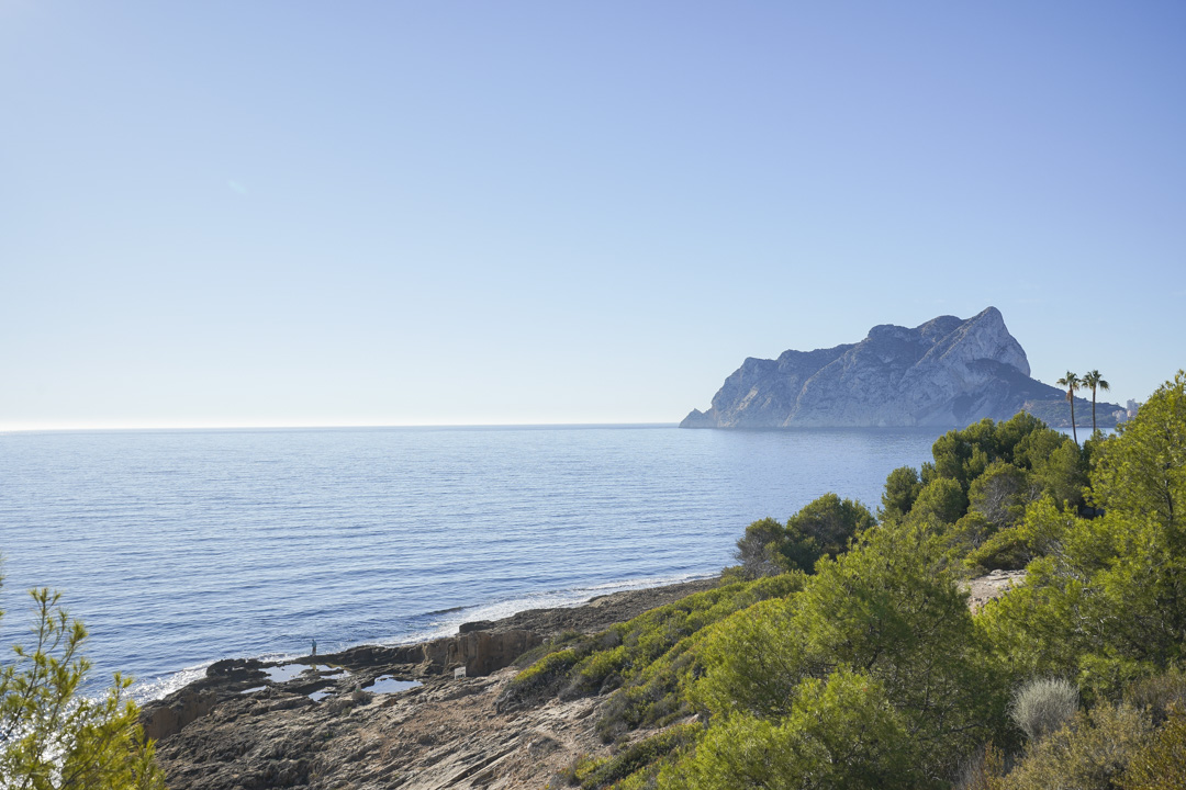 Panoramic view of the Peñón de Ifach and the Mediterranean coastline, featuring the rocky shore and native pine trees under a clear blue sky.
