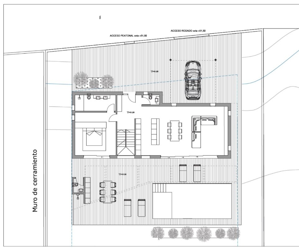 Technical ground floor plan featuring an open-concept living area, en-suite bedroom, and a large outdoor terrace with a private swimming pool and parking space.