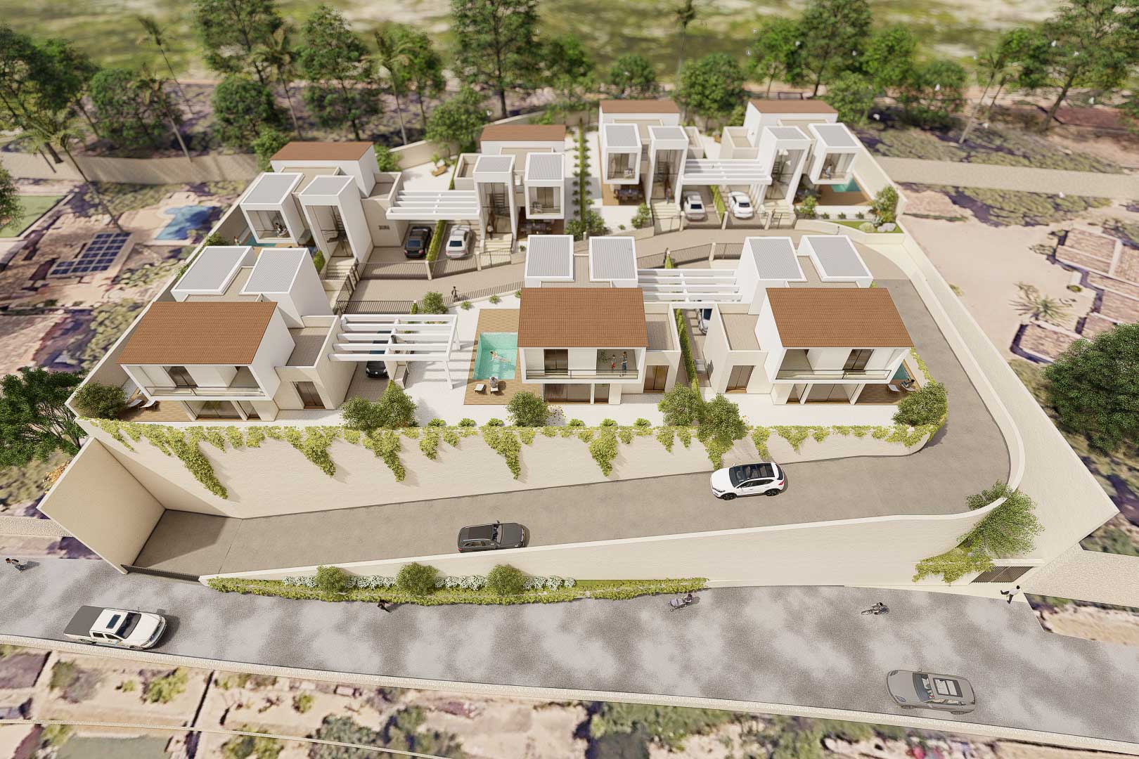Aerial view of the Vila Natura residential complex featuring seven detached villas with private pools, pergolas for parking, and landscaped gardens in La Nucía.