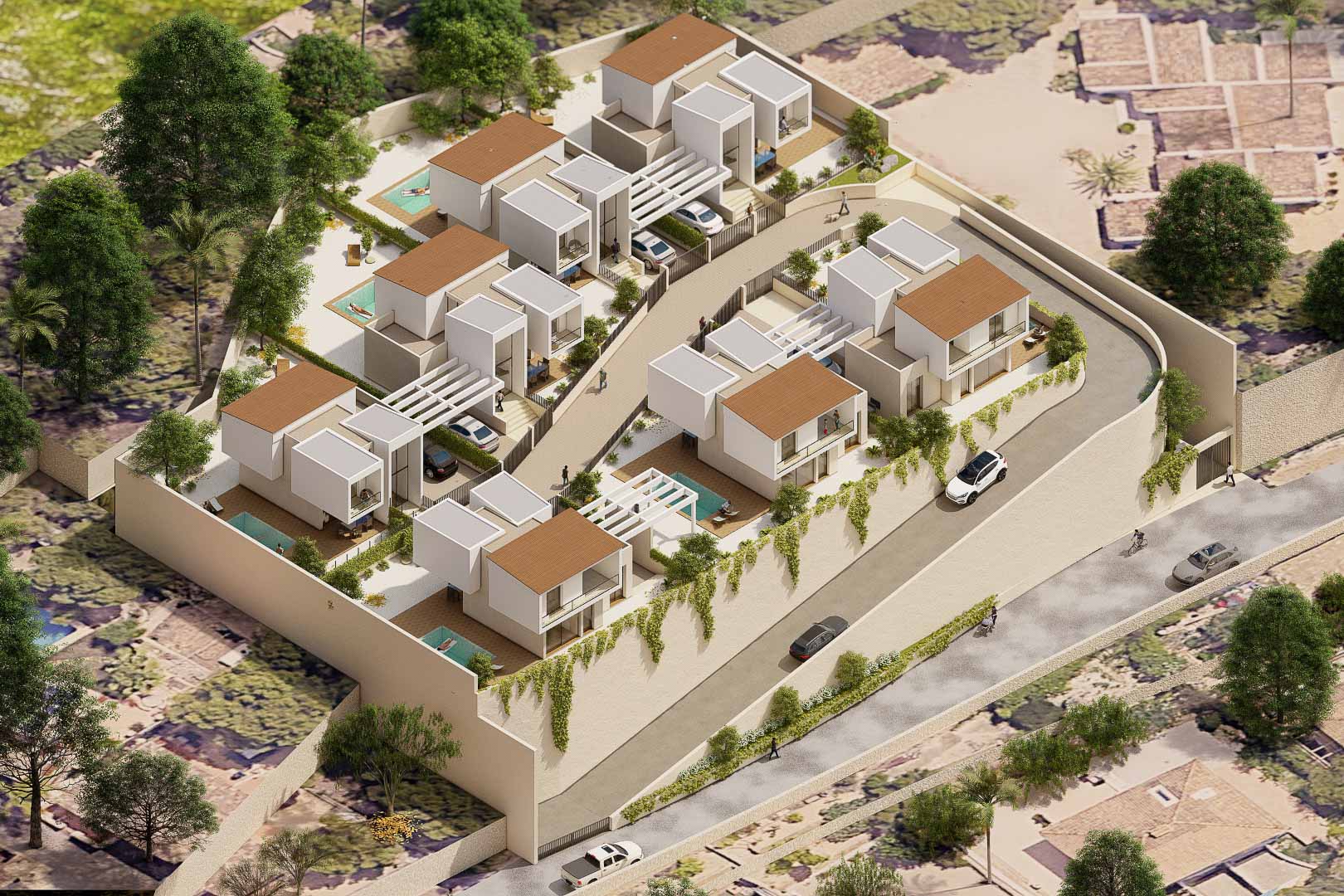 Aerial view of the Vila Natura residential complex featuring seven modern detached villas with private pools, landscaped gardens, and integrated parking spaces.