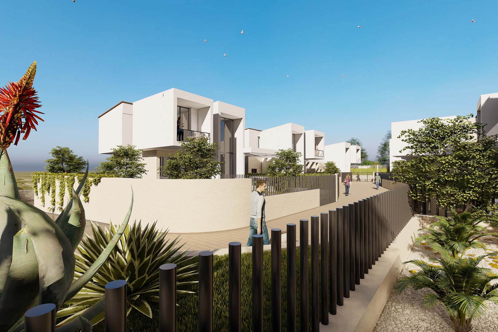 Exterior facade of white cubic-style villas with glass balconies, integrated into a landscape with perimeter walls and Mediterranean vegetation.