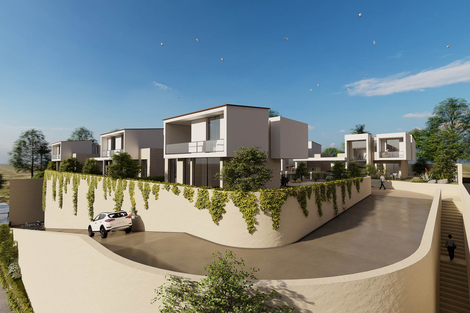 Exterior view of the residential complex featuring cubic villas, glass balconies, and landscaped retaining walls with climbing ivy along the driveway.