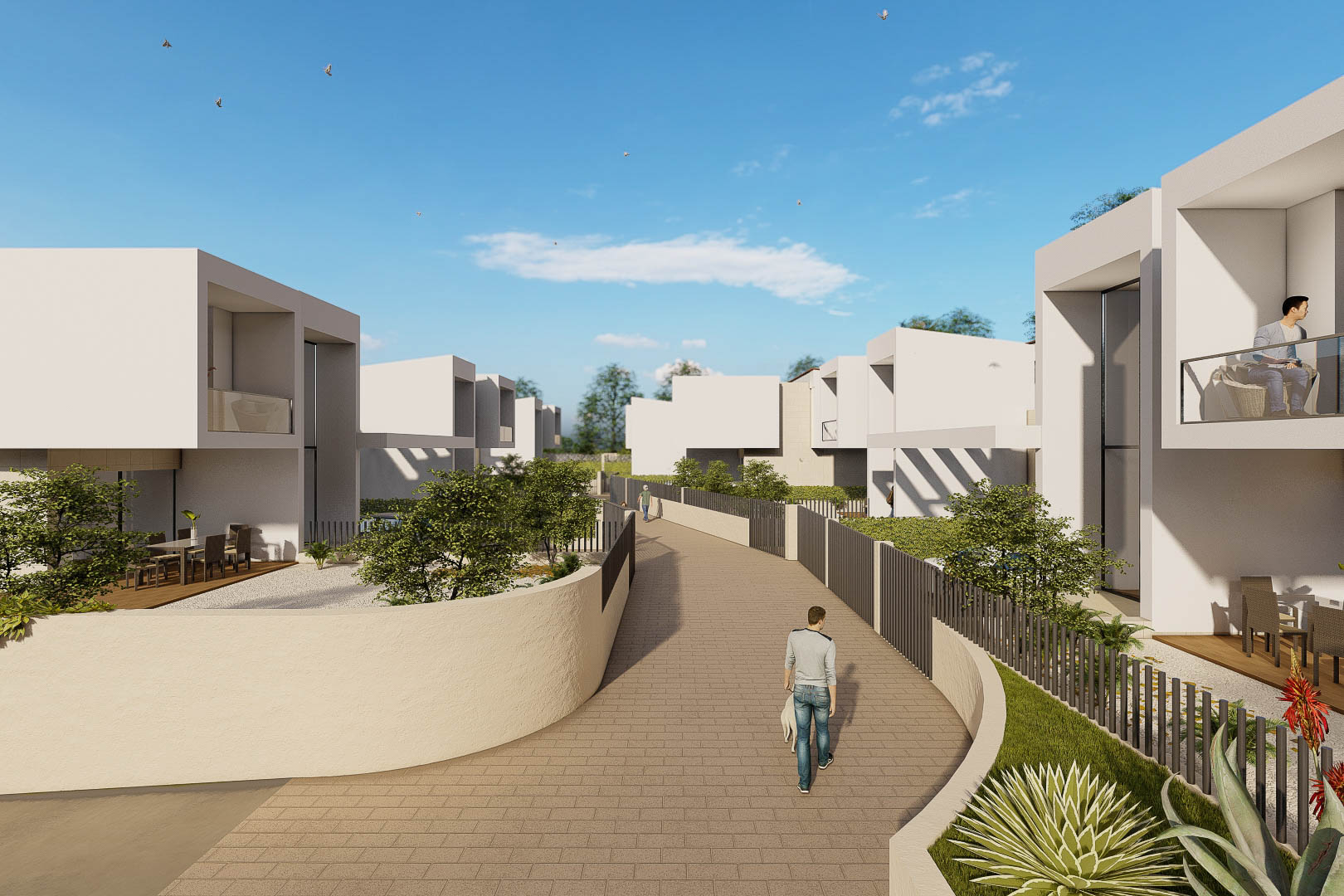 Exterior view of the residential complex featuring white cubic villas, paved pathways, and private gardens with Mediterranean landscaping and glass-railed balconies.