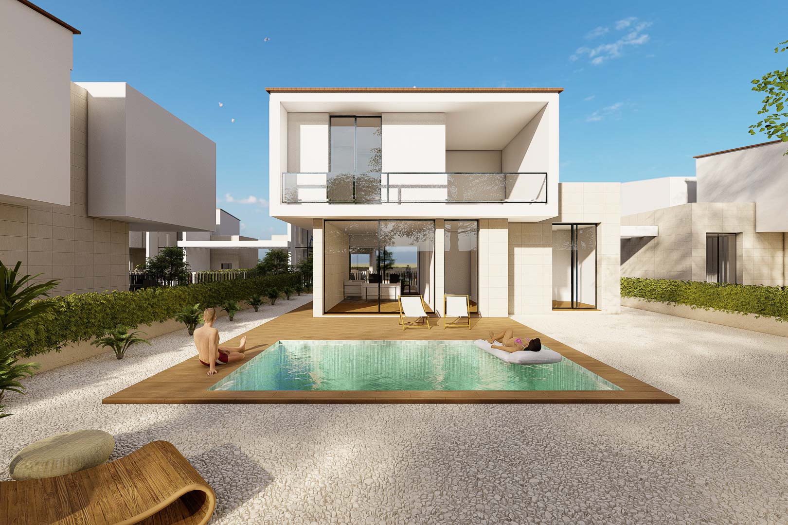 Exterior view of the villa featuring a private pool with wooden decking, white gravel landscaping, and a minimalist two-story facade with large glass panels.