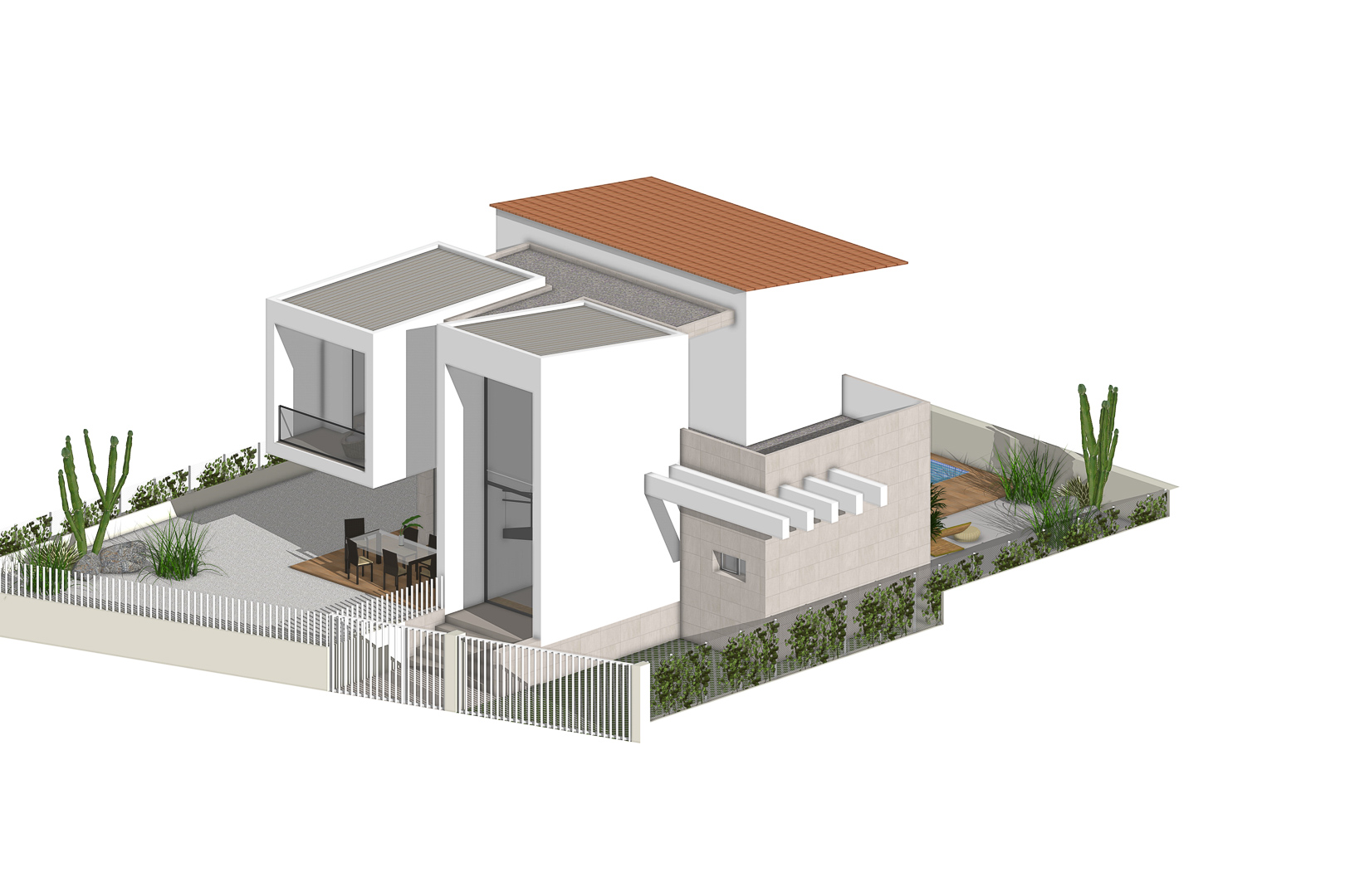 Isometric view of the modern villa featuring a white facade, Mediterranean garden, outdoor dining area, and private pool on a detached plot.