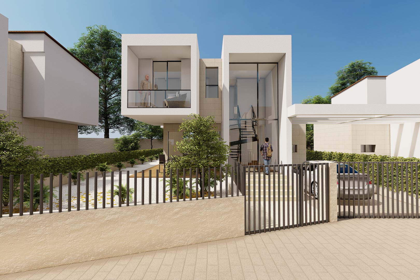 Modern cubic villa facade featuring a double-height glass entrance, cantilevered balcony, and private gated driveway with minimalist landscaping.