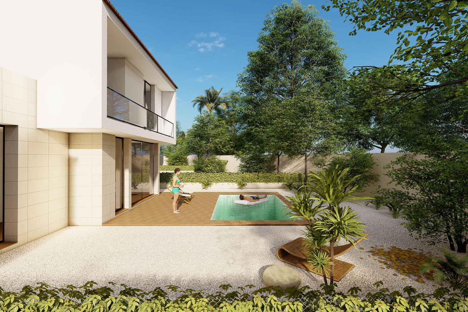 Modern villa exterior featuring a private pool with wooden decking, white gravel landscaping, and a minimalist facade with stone cladding and glass balconies.