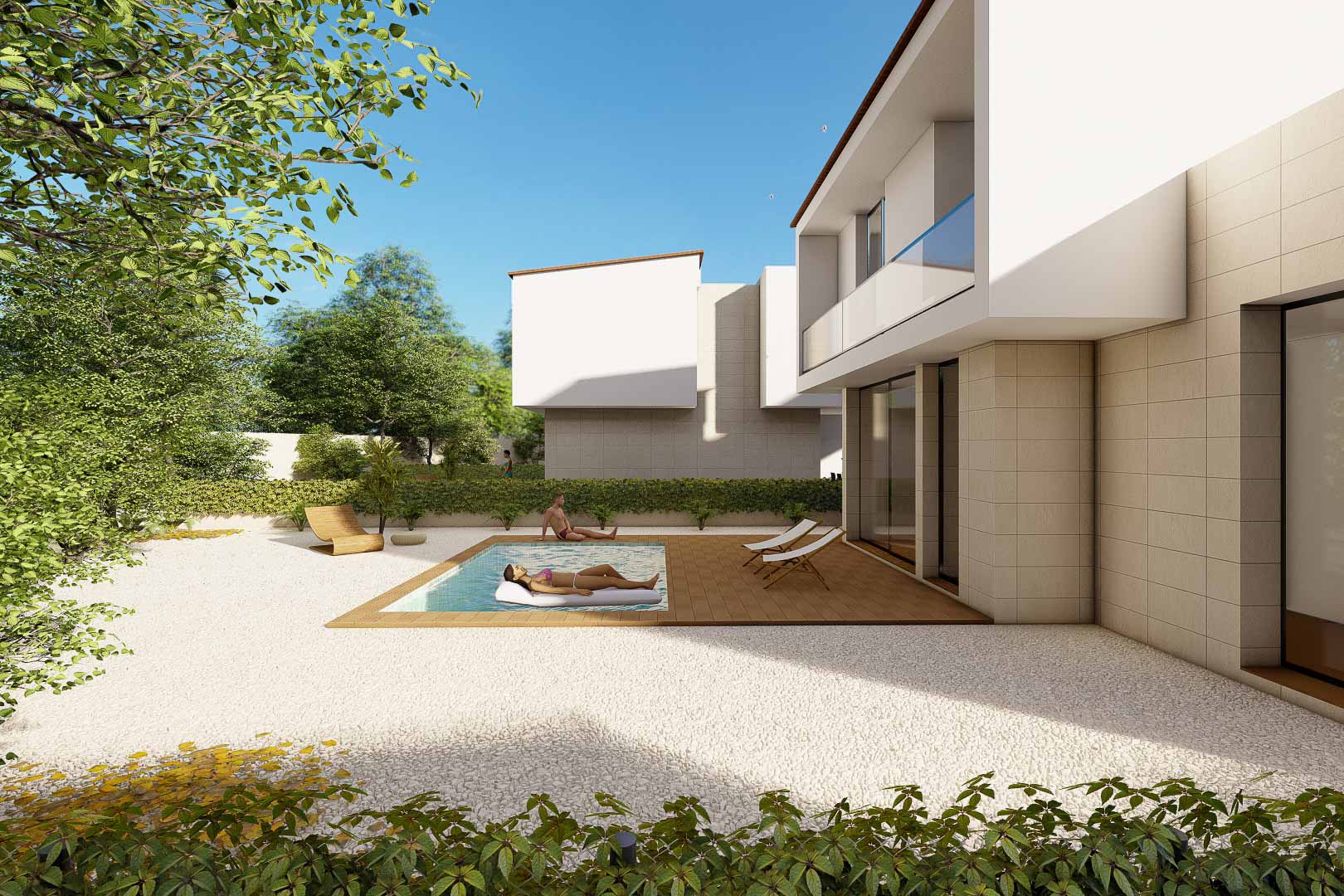 Modern villa exterior featuring a private pool with wooden decking, white gravel landscaping, and contemporary stone-clad architecture.
