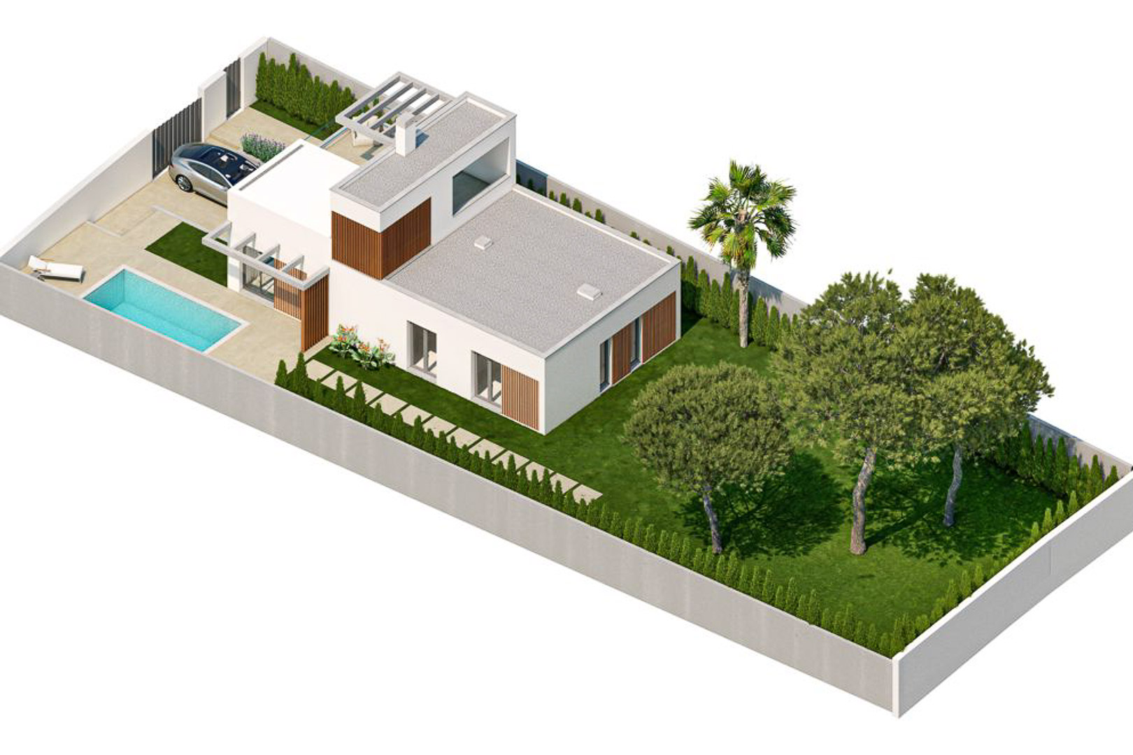 3D isometric view of the modern villa featuring a private pool, landscaped garden with trees, rooftop solarium, and gated parking space.