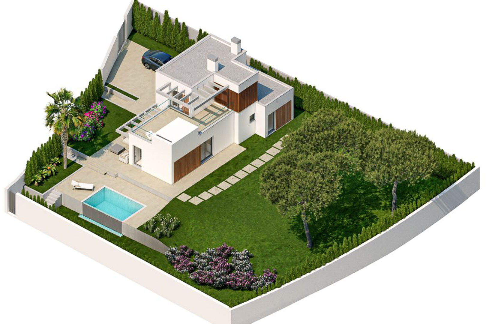 Aerial view of a modern villa featuring white facades, wooden accents, a private swimming pool, landscaped gardens, and a rooftop terrace with a pergola.