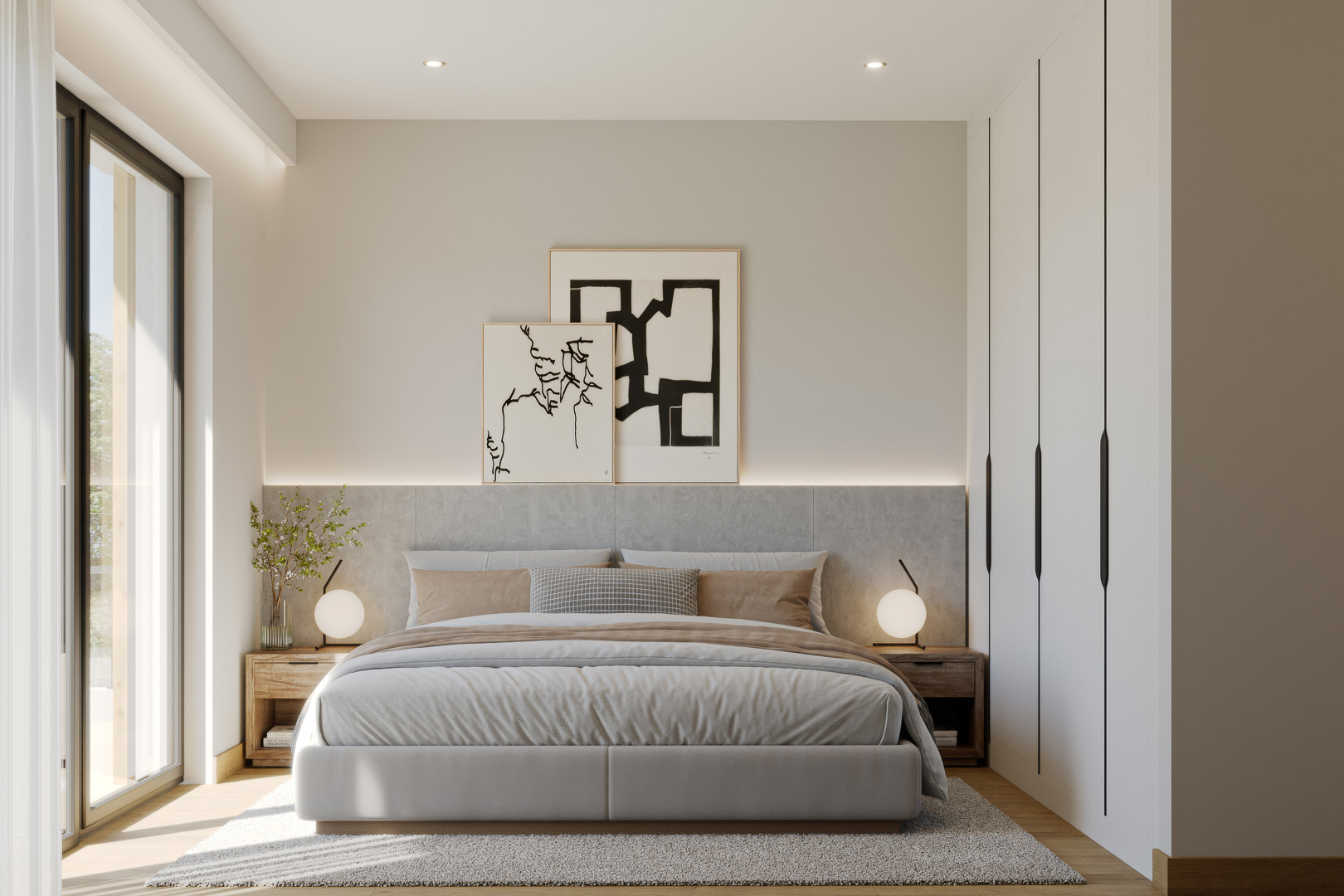 Bedroom featuring floor-to-ceiling built-in wardrobes, an upholstered headboard with integrated LED lighting, and large glass doors for natural light.