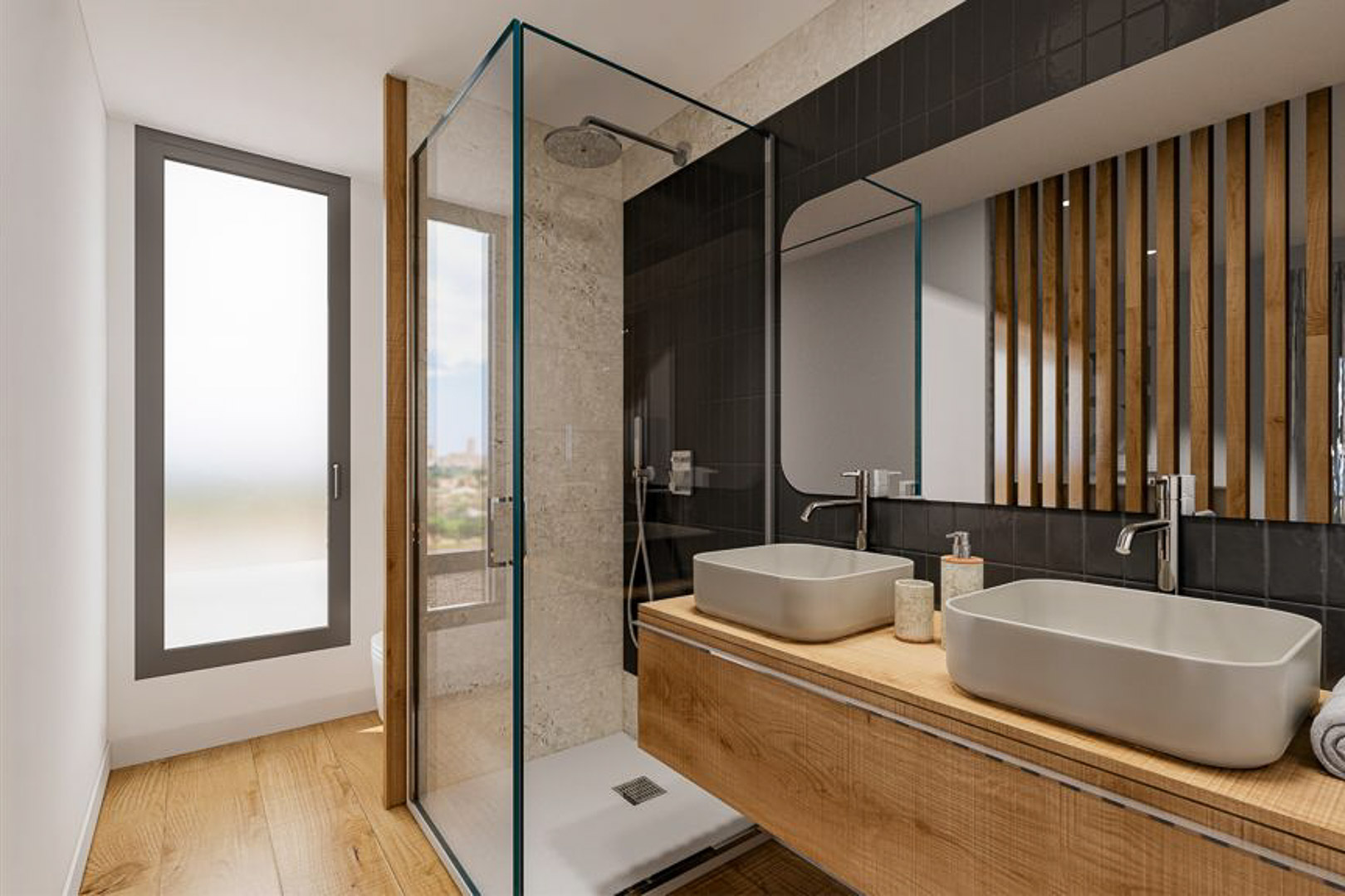 Contemporary bathroom with double vessel sinks on a wooden vanity, glass-enclosed shower, and walls blending black tiling with stone textures.