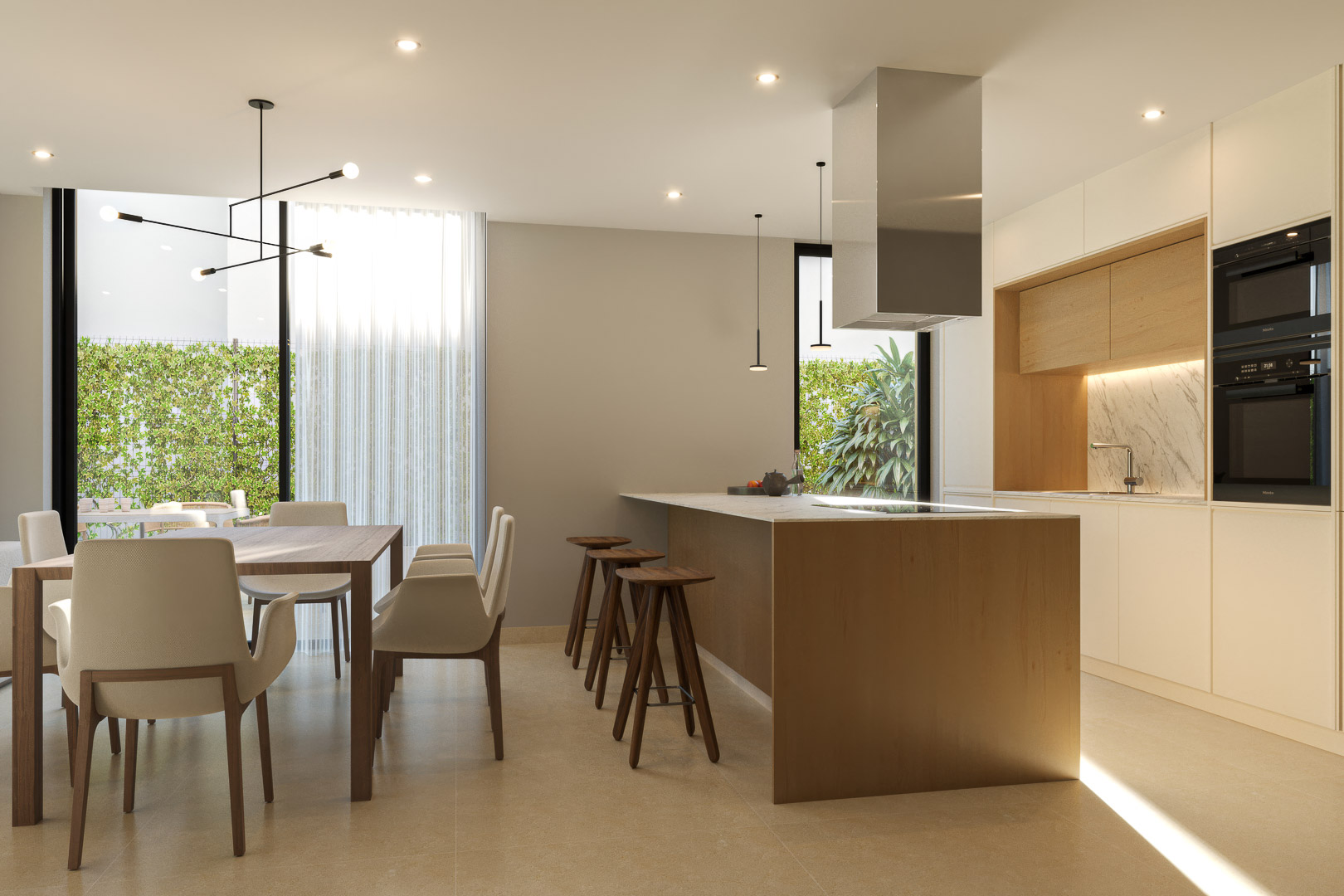 Designer kitchen featuring a wood-finished island, marble surfaces, and integrated appliances, seamlessly connected to a dining area with garden views.