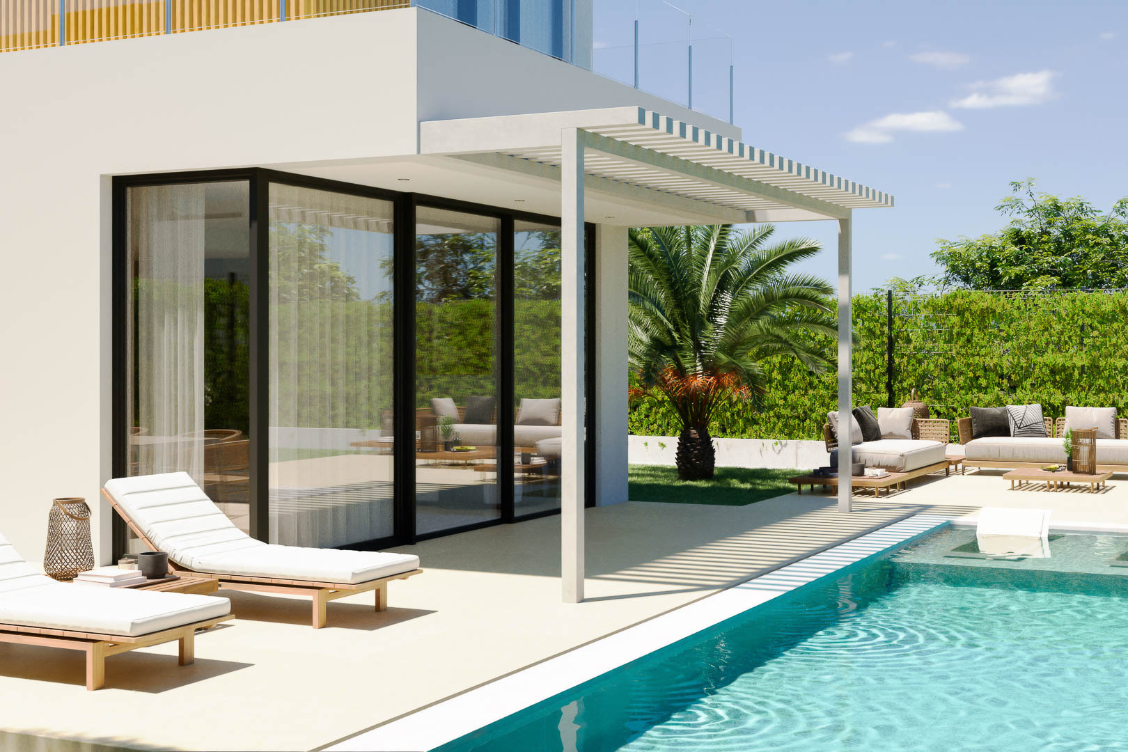 Exterior terrace featuring a private pool, white slatted pergola, and lounge area. Floor-to-ceiling glass doors integrate the indoor living space with the landscaped garden.