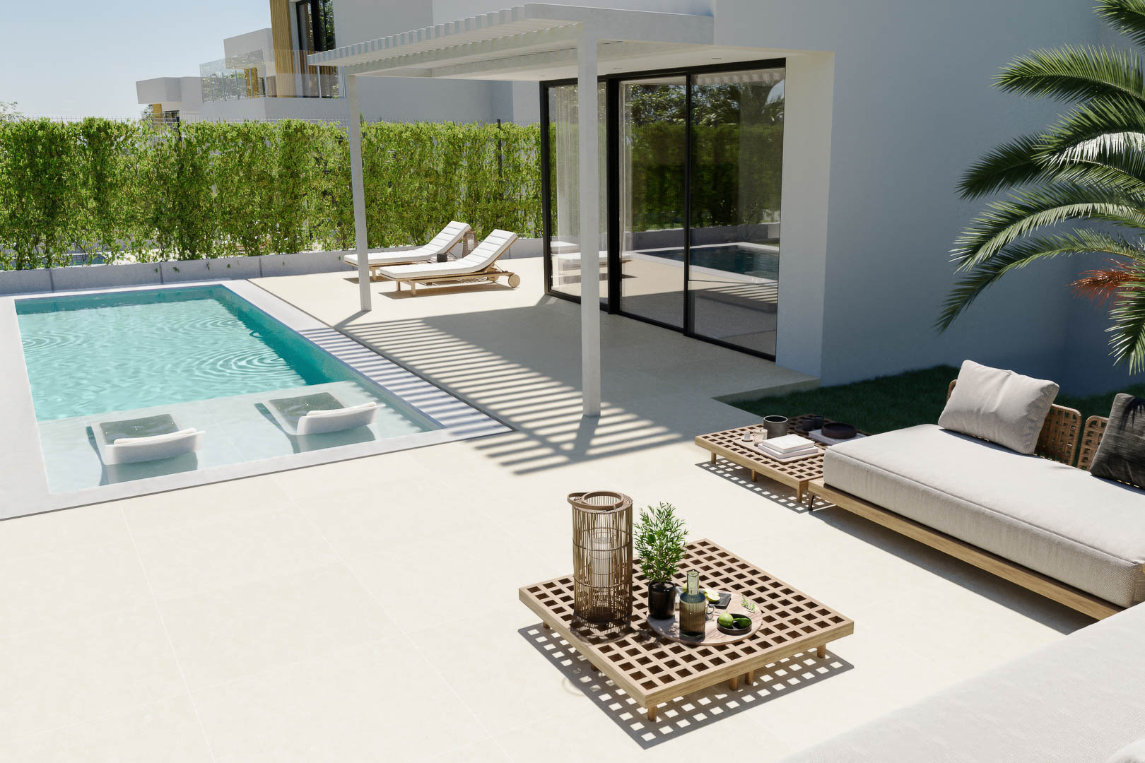Exterior terrace featuring a private pool with submerged loungers, a slatted pergola, and a lounge area with minimalist wooden furniture.