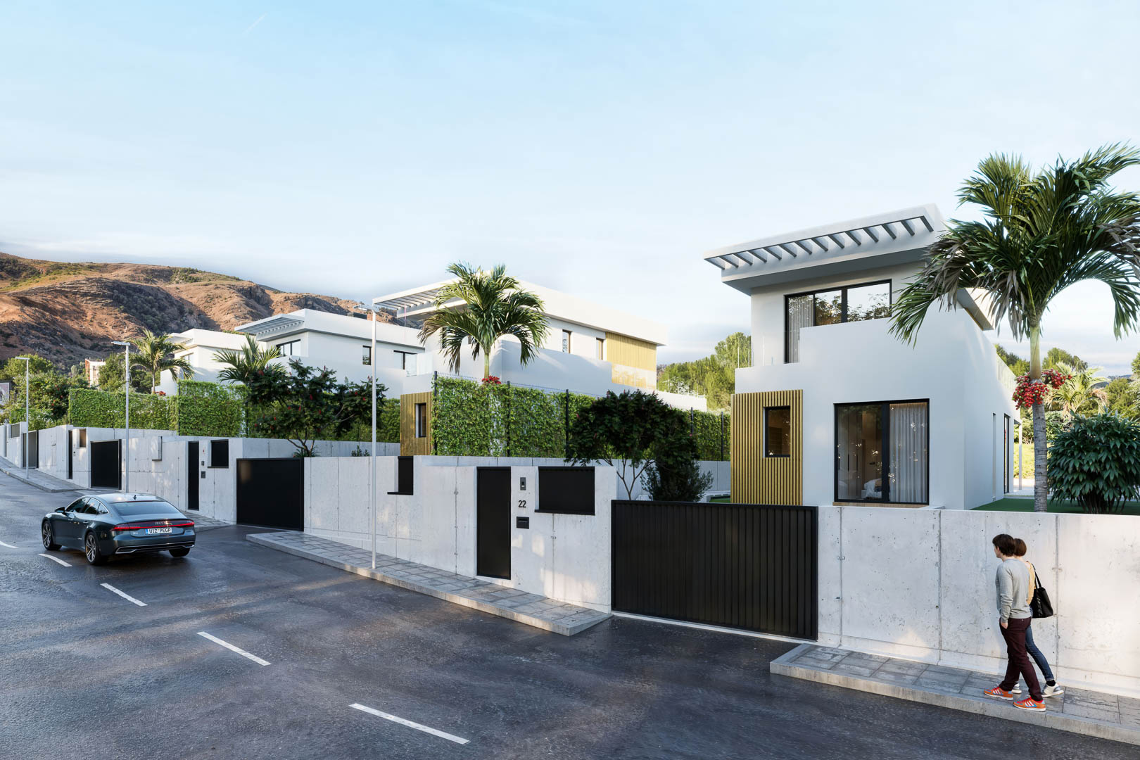 Exterior view of modern white villas featuring vertical wooden slats, concrete perimeter walls, and black gates. The architecture includes rooftop pergolas and mountain views.