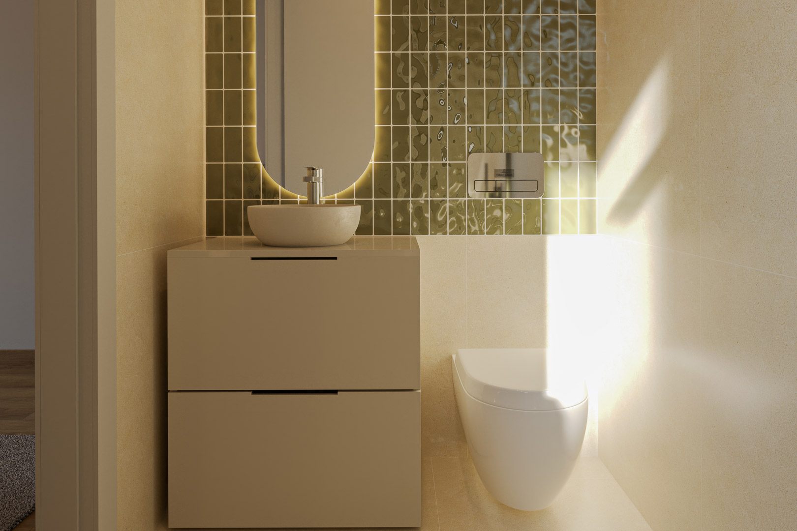 Guest toilet featuring a vessel sink on a two-drawer vanity, backlit oval mirror, and a textured olive-green tiled accent wall.